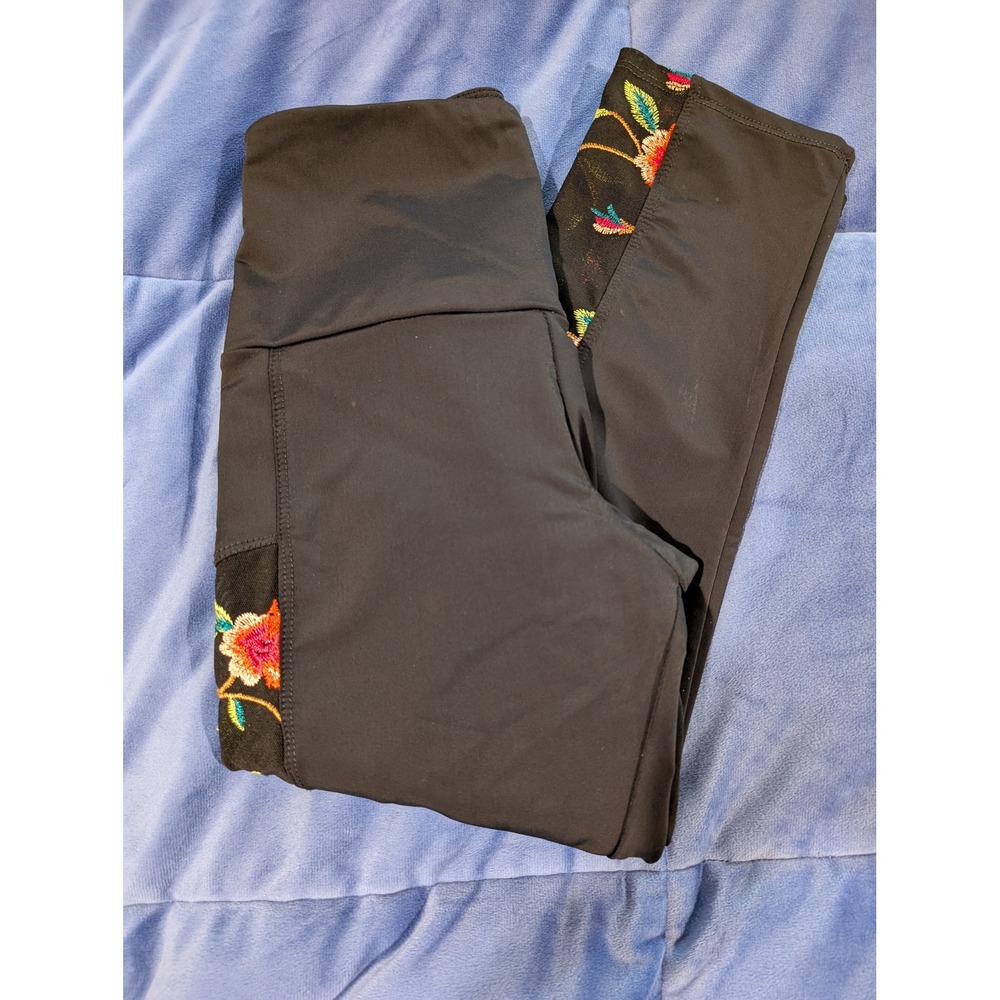 Onzie Tuxedo Mesh Panel Floral Embroidered Crop Leggings Women S/M Cropped